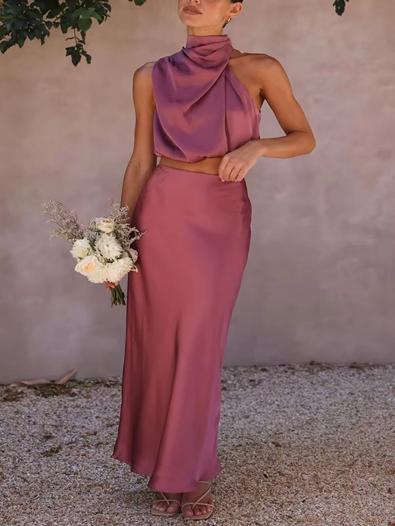 Women'S Two-Piece Satin Long Skirt Sleeveless Fashion off the Shoulder Elegant Solid Color Short Top A-Line Skirt Two-Piece Set