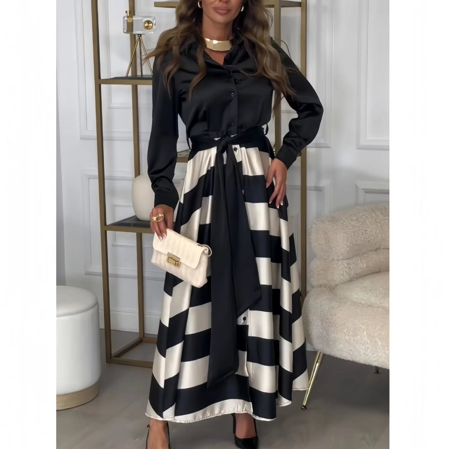 Muslim Women Vestidos Fake Two Pieces Striped Shirt Dress Lace up Morocco Dubai Abayas Jalabiya Arab Saudi Long Robe Dresses
