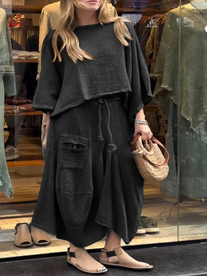 Casual Solid Lace-Up 2 Piece Set Elegant Skirt Suit Women Autumn O Neck Loose Top Lace-Up Irregular Skirt Sets Fall Suit Female