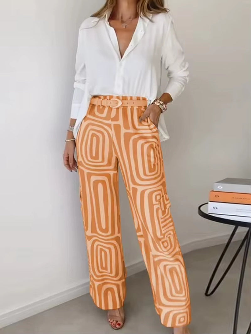 Spring Autumn Fashion Print Two Piece Sets Women Loose Buttons Tops + Wide Leg Pants 2 Piece Set Office Lady No Belt Outfits